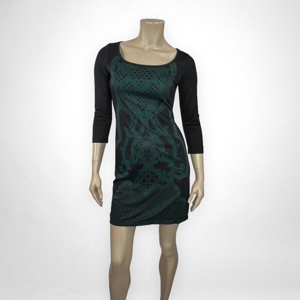 MAX STUDIO Printed Green Jersey Black Dress Size XS